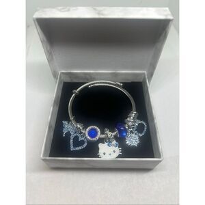 NEW Hello Kitty Charm Bracelet Blue Rhinestone Silver Tone Cable Bangle
